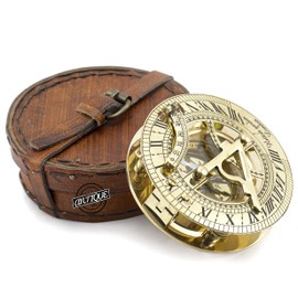 Brass Sundial Compass with Vintage Red Leather Case Hiking Hunting Camping Outdoor Military Navigation Tool