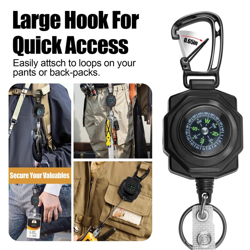 bolimoss Heavy Duty Retractable Keychain with Carabiner Compass, 2 Pack