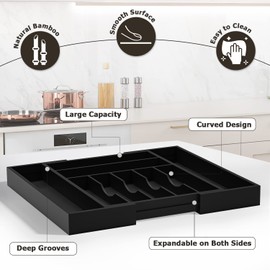 WUSHIZHUHUN Utensil Organizer Silverware Drawer Organizer - Bamboo Expandable Cutlery Tray with Dividers for Utensil Holder Office Storage Makeup Desk Drawer Tool Organization W13.5"-19.5" x L17.5" x H2.5"(Black)