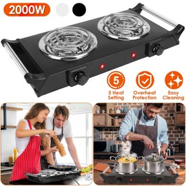 2000W Portable Electric Stove for Cooking，Electric Dual Burner Coil Heating Hot Plate Stove Countertop RV Hotplate with 5 Temperature Adjustments Portable Handles，Black