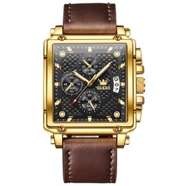 Men's Rectangular Watches Black Face with Day Date Tank Watches for Men Brown Leather Band Fashion Sword Hands Multi-Function Quartz Watches Water Resistant Fake Gold Men Inexpensive Watch for Friend