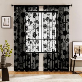Treatmentex Black Lace Sheer Curtains for Bedroom Living Room 95 Inch Length Light Filtering Floral Knitted Semi Sheer Window Curtains Elegant French Lace Curtains 54" w Pocket 8ft