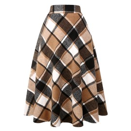 IDEALSANXUN Womens Plaid Wool Skirts Elastic Waist A-Line Pleated Tartan Long Skirts (X-Small, Brown)