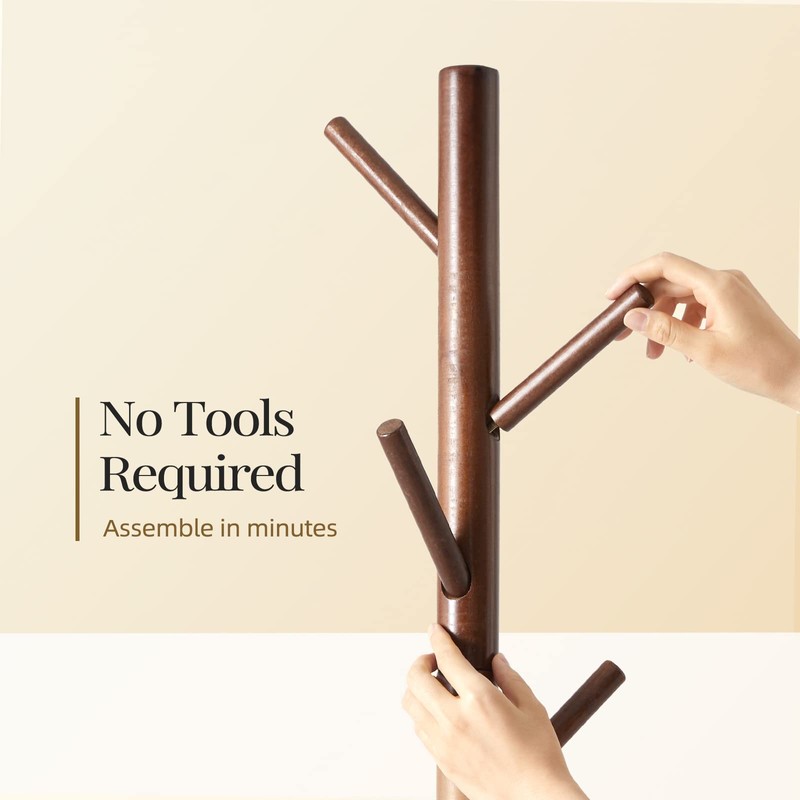 Pipishell Sturdy Wooden Coat Tree with 8 Hooks, 3 Adjustable