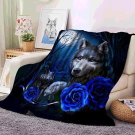 KAIDAARTLH Wolf Motif Cuddly Blanket for Children, Cute Animal Motif, Soft, Comfortable Faux Fur Blanket, Cuddly Blankets for Couch, Bed (130 x 150 cm, Wolf-1)