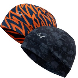 2Pcs Breathable Mesh Skull Cap,Lightweight Quick Dry Sports Helmet Liner for Men Women, Cooling Cycling Beanies (UK, Alpha, One Size, Blue - Skull + Orange Fire)