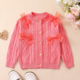 XIXIMAON Kids Baby Girl Cute Cardigan Sweater Bow Decor Knitted Button Tops Crew Neck Long Sleeve Crochet Jacket Autumn Winter Outwear (Pink, 7-8 Years)