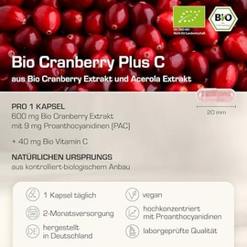 Purabyo Organic Cranberry Capsules Plus C - 600 mg Organic Cranberry Extract with PAC & 40 mg Vitamin C from Acerola | Vegan, Laboratory Tested and Made in Germany | Cranberries from North America