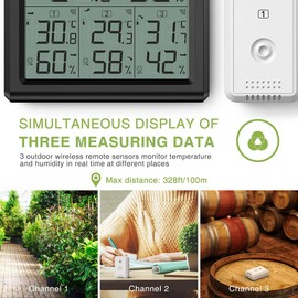 KeeKit Indoor Outdoor Thermometer, Temperature Humidity Monitor with 3 Wireless Sensors, Hygrometer Meter Gauge with LCD Backlight, Min/Max Record for Home, Office, Restaurants, Bars – Black