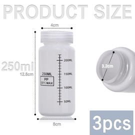 DKBT Pack of 3 Wide Mouth Bottles with Scale, 250 ml, Plastic Bottles, Empty Laboratory Bottle, Leak-Proof, Translucent HDPE Bottle for Pill Bottles, Water Sample Bottles