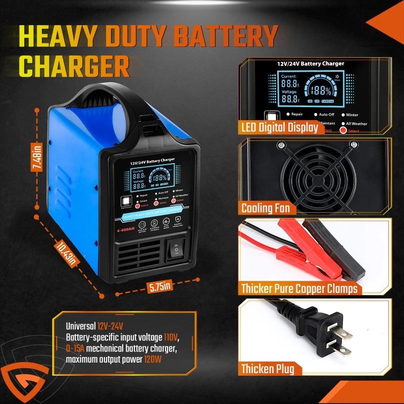 GEARZAAR Heavy Duty Car Battery Charger 12V/24V Smart Automatic Intelligent