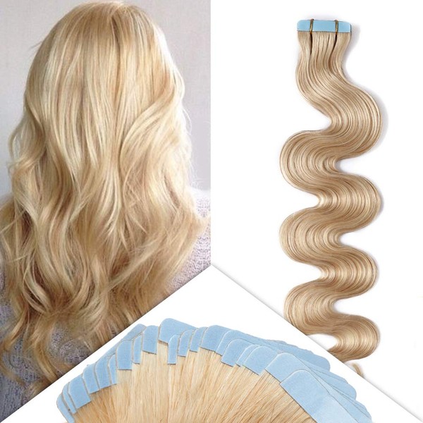 Hairro 16 Inch Tape in Hair Extensions Body Wave Long Human Hair 100g 40pcs/pack Thin Long Hair Seamless Skin Weft Glue in Wavy Human Hairpieces #613 Bleach Blonde
