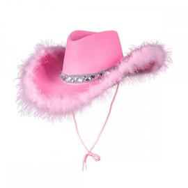 Pack of 2 Texan Cowgirl Hats With Marabou Feather (1 x Pink and 1 x White) : Adult Wild West Rodeo Cowboy Fancy Dress Accessory Set