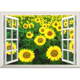 Painting-Style Wallpaper Poster (Removable Sticker) -Window Scene-Sunflower Field Sunflower-Sunflower Sunflower Flower [Window Specification/Trick Art] Caracro FHMW-008MA2 (A2 Version 23.4 x 16.5 inches (594 x 420 mm)), Architectural Wallpaper + Weatherproof Paint
