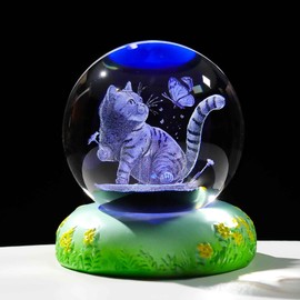Crystal 3D Cat Themed Gifts for Women, 60mm Crystal Ball Engraved Cat and Butterfly Figurine Collectible Ornaments Gifts for Cat Lovers for Birthday Christmas
