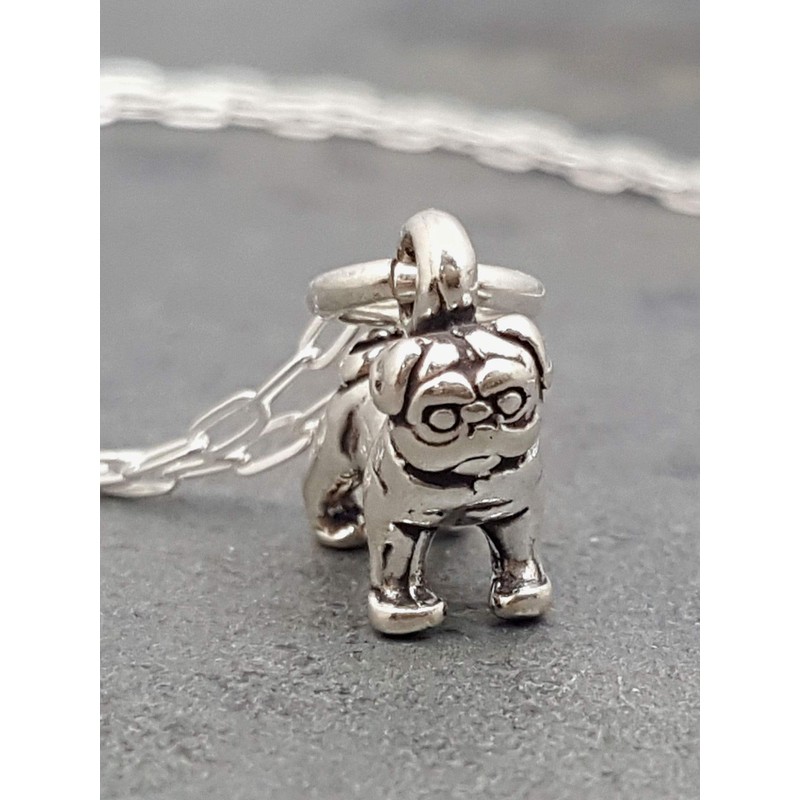 Sterling Silver Tiny Pug Dog 3D Charm Necklace, 18"