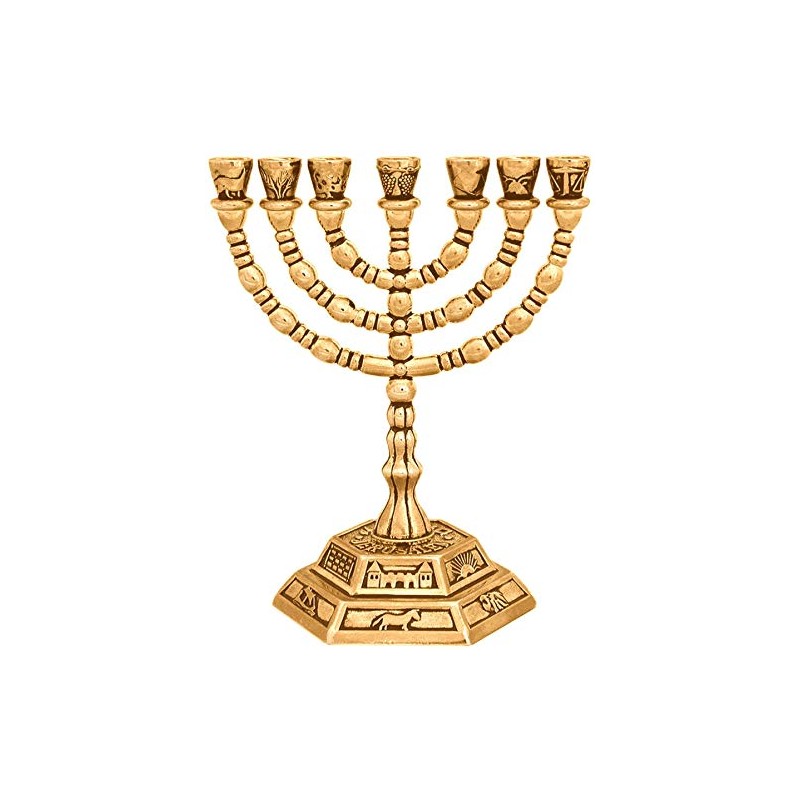 Karshi 7 Branch Jerusalem Menorah with 12 Tribes Design, Gold,