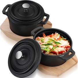 Suttmin 2 Sets Dutch Oven Pot with Lid and Wooden Base Pre Seasoned Cast Iron Casserole Mini Cast Iron Pot Round Cocotte with Handle Heavy Duty Casserole Dish for Grill Oven, Black (20 oz)