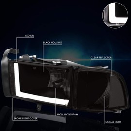 PM PERFORMOTOR LED DRL Black Housing Smoked Lens Headlights With LED DRL Replacement Compatible with 94-01 Ram 1500/94-02 Ram 2500 3500, PMHL-DRAM-9401-LB-BSC