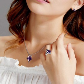Women's Geometric Shape Simulated Purple Topaz Silver Color Chain Necklace Stud Drop Earrings Rings Pretty Bridal Jewelry Set for Women Girl (Purple, Size 8) T295