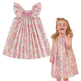 Simplee kids Baby Floral Dress Toddler Smocking Dress Little Girls Casual Dress Floral Print Sundress for Spring Summer Dress 24M-6T