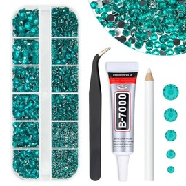 qiipii Cyan Green Crystal Resin Rhinestones w B7000 Jewelry Glue for Bedazzling Crafting 2mm-6mm Teal Blue Flatback Stones Gems Turquoise Diamonds Crystals for Nails Face Eyes Makeup Tumblers Crafts