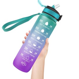 Spinegear 1Liter 32oz Water Bottle | Motivational Water Bottle with Time Marker & Straw | BPA-Free Tritan Leakproof Design, One-Click Open for Hydration Goals (green purple, 1 Litre)