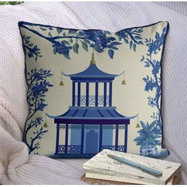 Kelly Stevens-McLaughlan, Blue Pagoda on Cream Chinoiserie Cushion / Pillow Cover, Zippered Base, Full Piping, 18 Inches x 18 Inches