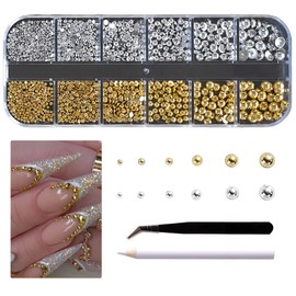 YFFSFDC Half Circle Pearls, Glossy Pearls, Nail Parts, Gold + Silver, 6 Sizes, 1.5mm, 2mm, 2.5mm, 3mm, 4mm, 5mm, DIY, Crafts, Decoration, Craft Material, 12 Lattices with Storage Case (Half Round