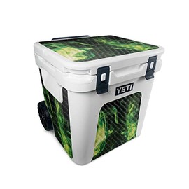 MightySkins Carbon Fiber Skin Compatible With Yeti Roadie 48 Wheeled Cooler - Green Mystic Flames | Protective, Durable Textured Carbon Fiber Finish | Easy To Apply and Change Styles | Made in the USA