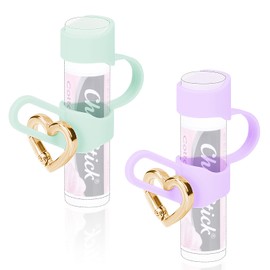 Likesing Chapstick Holder Key Chain, Silicone Lip Balm Holder with Cap Cover, Sleeve Lip Balm Holder Key Chain with Heart-shaped Key Ring(Green Purple)