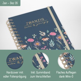 Häfft® Lieblings-Timer Calendar 2026 A5 "Flying Flowers" Hardcover Diary Spiral Calendar Weekly Planner Ring Binder Planner Sustainable & Climate Friendly