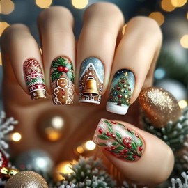 24Pcs Christmas Press on Nails Medium Square Fake Nails with Christmas Tree Designs Full Cover Gradient False Nails Gingerbread Man Cute Xmas Acrylic Fake Nails for Women Girls Manicure Kit