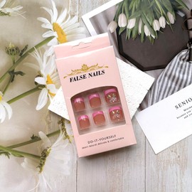 French Tip Press on Toenails Short Square Fake Toenails Pink Toe Nail Tips False Toenails with 3D Aurora Bow Designs Cute Acrylic Toe Nail Glossy Spring Summer Glue on Toenails for Women and Girls