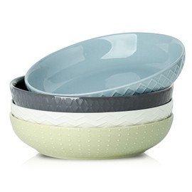 Hasense 9" Large Pasta Bowls, 42 OZ Ceramic Salad Bowls Set of 4 for Serving Pasta, Soup, Salad and Dinner, Embossed Wide and Shallow Pasta Plates for Kitchen and Eating, Microwave Safe, Colorful