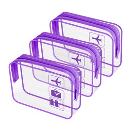 JUNART 3Pcs Clear Travel Toiletry Bags, TSA Approved Cosmetic Makeup Bag, Portable Travel Accessories Airport Airline Compliant Bag for Men and Women (Purple)