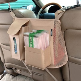 eing Pocket Handbag Holder Purse Hook for Car Pu Leather Seat Back Organizer Barrier for Pet Kids, Between Two Seats, Beige