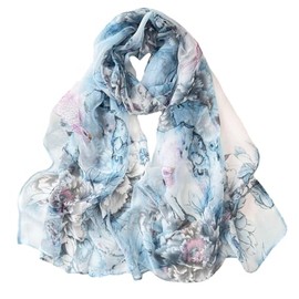 Pokeedioty Fashion Scarfs for Women Lightweight breathable Floral Pattern Sheer Scarfs Sun-proof Shawls Wraps (Parrot peony blue)