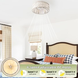 Gryalcy 20" White Crystal Ceiling Fan with Light, Flush Mount Ceiling Fans with Lights Remote Control, Caged Enclosed with 6 Speeds for Bedroom, Living Room, Nursery