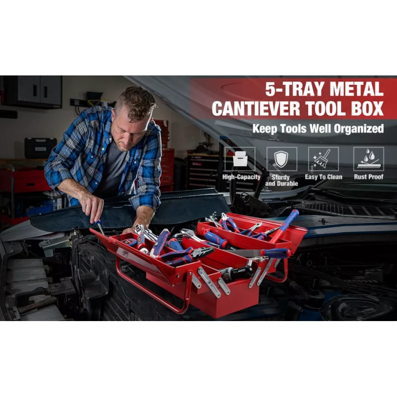 Workpro 18" Metal Tool Box Cantilever Folding Storage Box 3-Layers