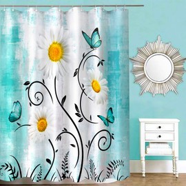 Zussun Rustic Farmhouse Shower Curtain White Daisy Floral Teal Waterproof Fabric Shower Curtains for Bathroom Flower Turquoise Butterfly Bath Curtain Decor with Hooks (Teal, 72'' x 72'')