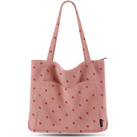 Prite Corduroy Tote Bag for Women Large Shoulder Bag with Zipper and Pockets for College Work Travel Shopping(Strawberry Pink)