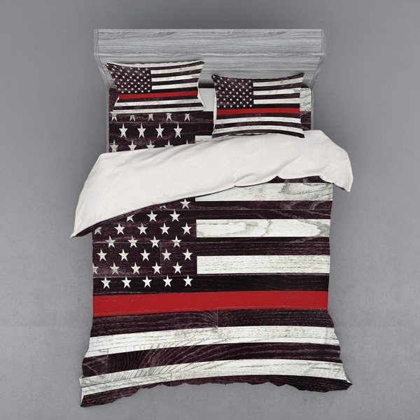 Lunarable American Flag Bedding Set, US Firefighter Support with Grunge Wooden Stars and Stripes, 4 Piece Duvet Cover Set with Shams and Fitted Sheet, Queen Size, Coconut Dark Mauve Vermilion