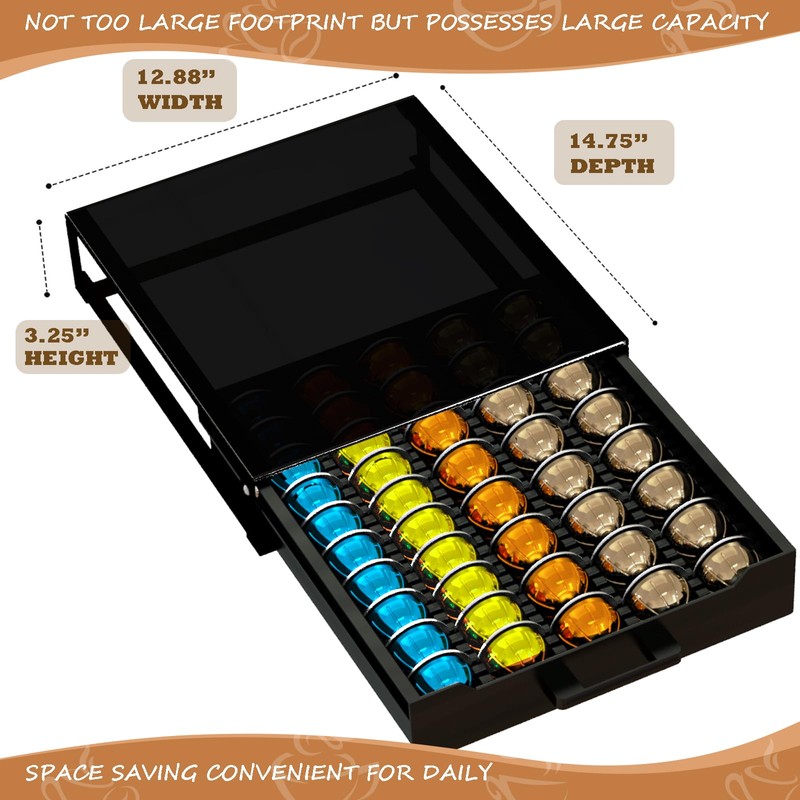 Vertuo Pod Holder Drawer with Deluxe Black Tempered Glass Top,