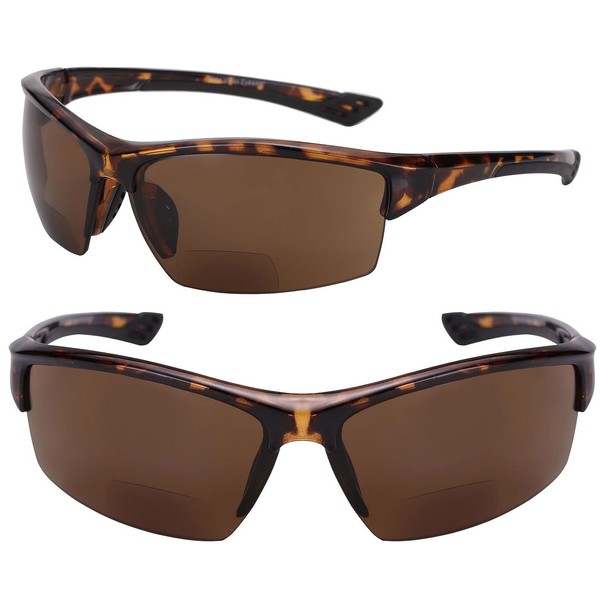 Mass Vision “The Skillful” 2 Pair of Unisex Sport Wrap Polarized Bifocal Sunglasses (Tortoise, 2.0, multiplier_x)