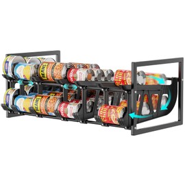 iSPECLE Can Organizer for Pantry, Hold 60 Cans Auto Rolling Can Holder Easy Access, Adjustable Dividers Fit Various Cans Sizes, Extendable Can Storage Organizer Better Fit Pantry Shelf Space, Black