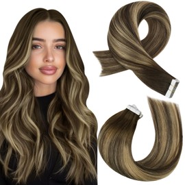Moresoo Dark Brown to Blonde Tape in Hair Extensions Human Hair Ombre Dark Brown and Blonde Tape in Extensions Dark Brown to Caramel Blonde with Brown Hair Extensions for Women Tape In 16in 50g/20pcs