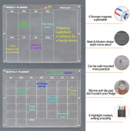 Magnetic Acrylic Calendar for Fridge, 2 Pcs Clear Acrylic Calendar Dry Erase Reusable Planning Boards of Monthly & Weekly, Includes 6 Colors Highlight Markers/Magnetic Pen Holder/Towel/Hook (16x12in)