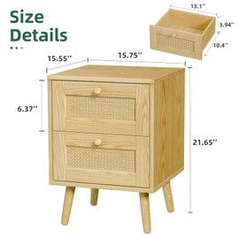 Infurni Rattan Nightstand, Wood NightStand, Dresser for Bedroom, Side Table with 2 Hand Made Rattan Decorated Drawers, Beside Table with Storage for Bedroom, Dorm and Small Space, 2 Pack