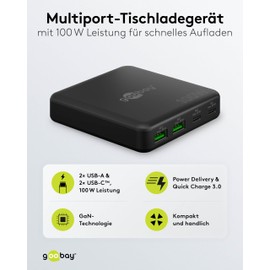 goobay USB-C Charger with 100W Power, Power Delivery 2 & GaN 4-Port Power Supply, Desktop Charger, Slim Design, USB-C Power Supply, Black, 70764